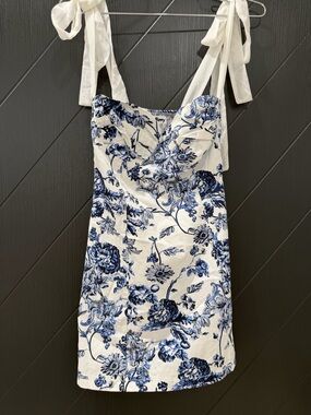 Blue & White Floral Tie-Shoulder Mini Dress